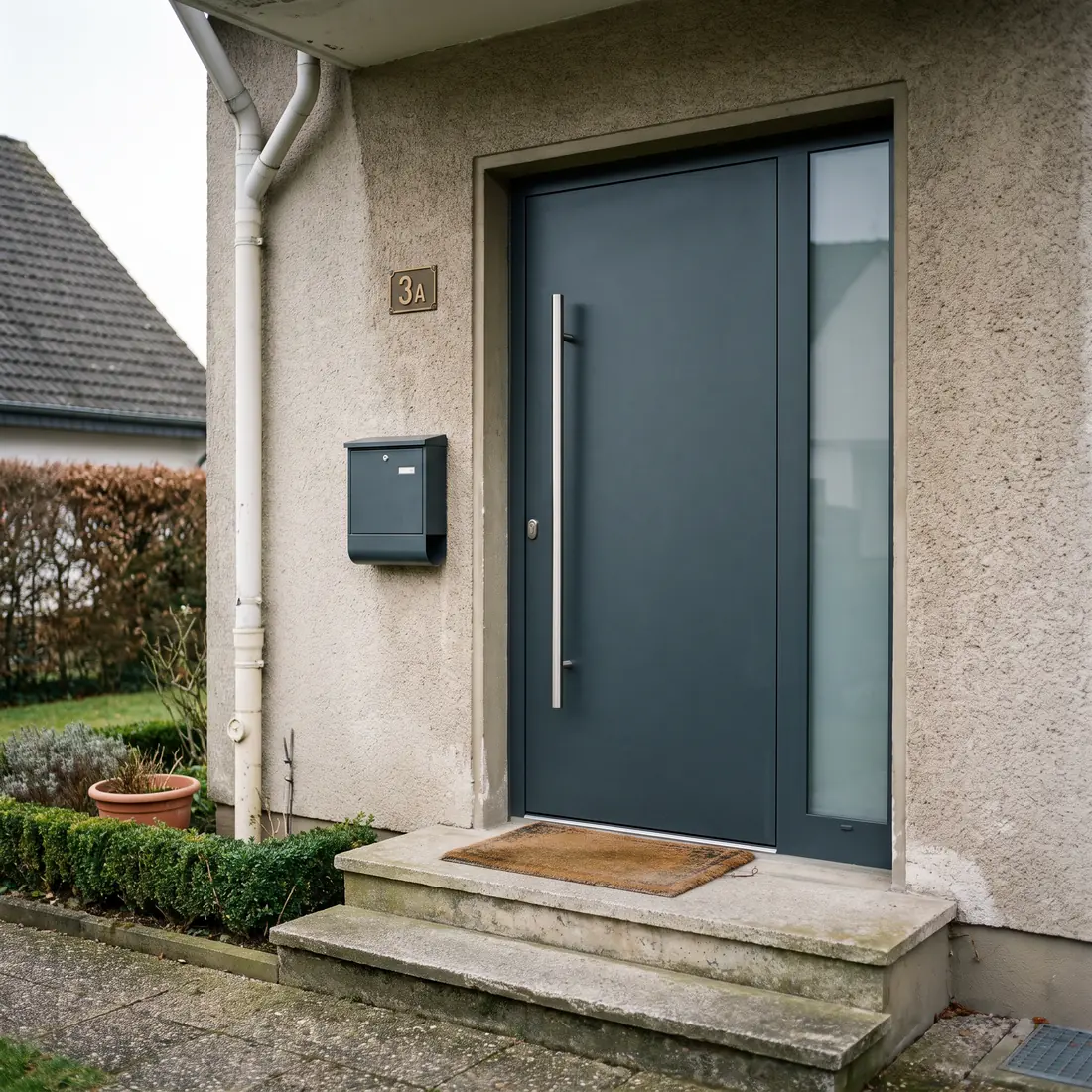 Neu eingebaute anthrazitfarbene Haustür an einem Einfamilienhaus