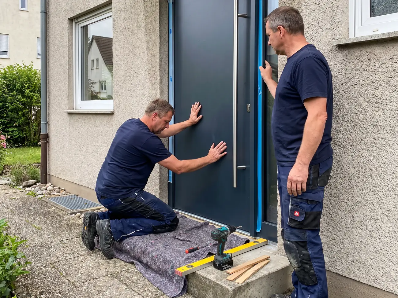 Zwei Monteure der Fensterhaus Ansbach GmbH beim Einbau einer Haustür